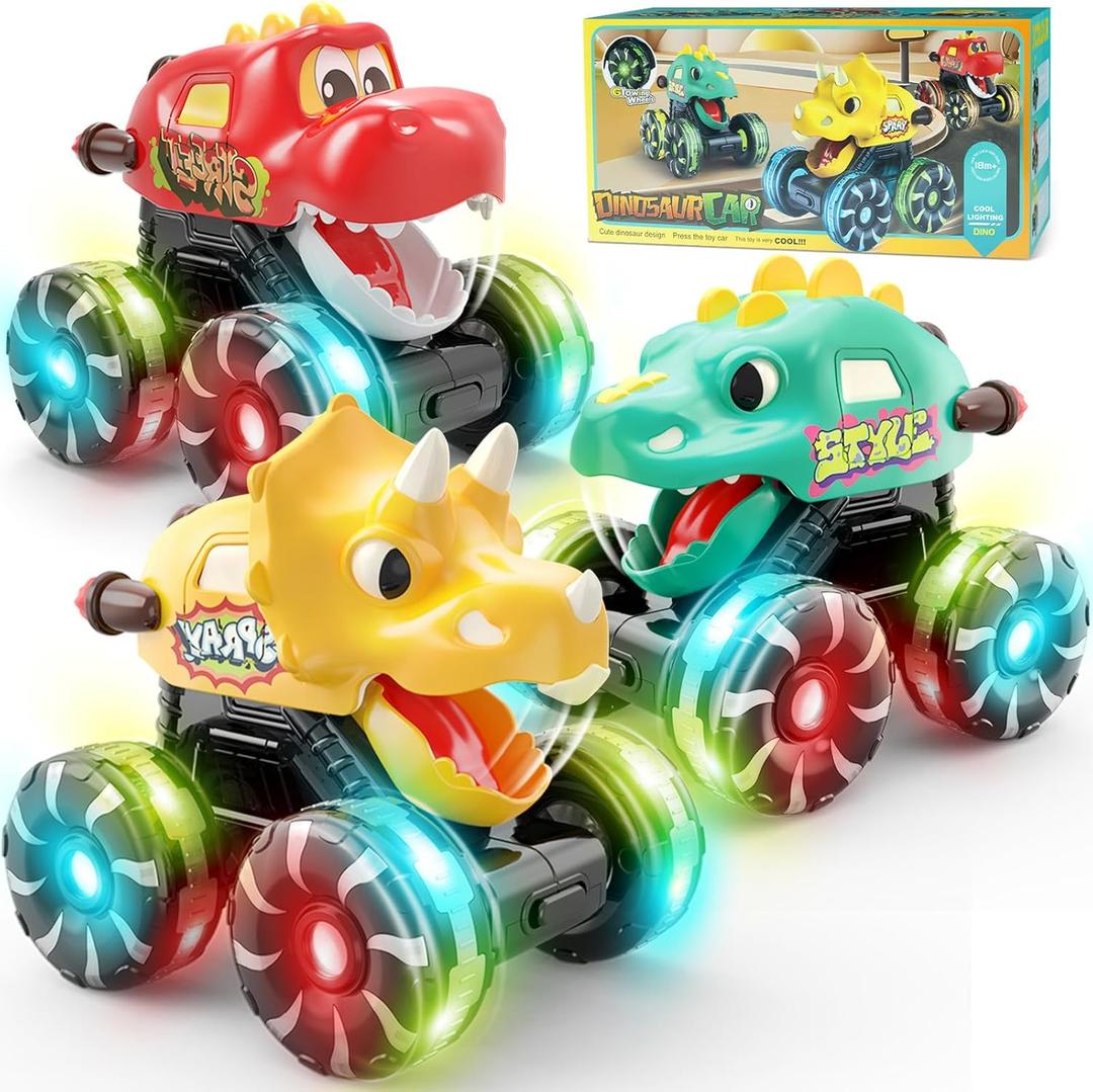 Intoypad 3 Pack Dinosaur Car Toys for Kids Toddlers, Light up Wheels Monster Truck Toys for Boys 2 3 4 5 6 7 8 Years Old Christmas Birthady Gifts Press & Go Dino Trucks Toy for Toddler Boy Baby