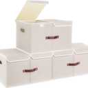 TYEERS Extra Large Collapsible Storage Bins with Lids and Compartments, Washable, Fabric Storage Boxes, 21.7x13x11.8 inches, 3 Pack, Beige