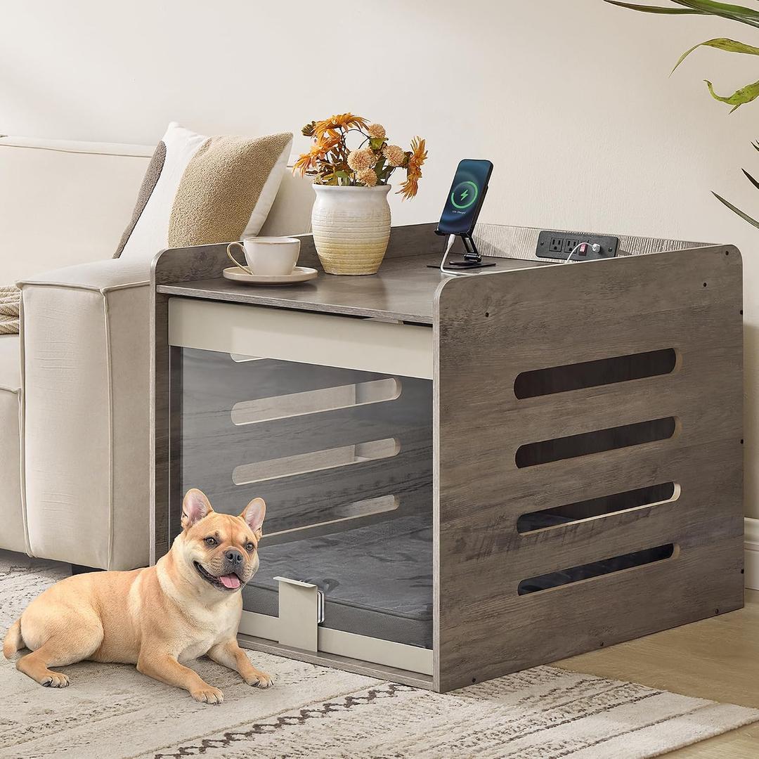 Feandrea Modern Dog Crate Furniture with Charging Station, Medium Kennel Indoor with Flip-up Hidden Acrylic Door, for Small and Medium Dogs up to 45 lb, Pet Side End Table Cage, Heather Greige