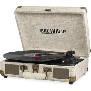 Victrola Journey Bluetooth Portable Suitcase Record Player  with Built-in Speakers, 3 Speed Vinyl Record Player, RCA Out, Headphone Jack (Light Beige Linen)