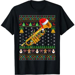Trumpet Christmas Lights Funny Music Lover Ugly Sweater Xmas T-Shirt, Size: Large