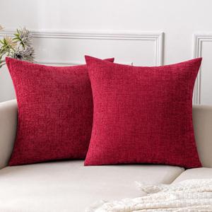EMEMA Christmas Pack of 2 Soft Chenille Throw Pillow Covers 18x18 Inch Decorative Couch Pillow Covers Modern Solid Dyed Pillowcases for Sofa Bed Red