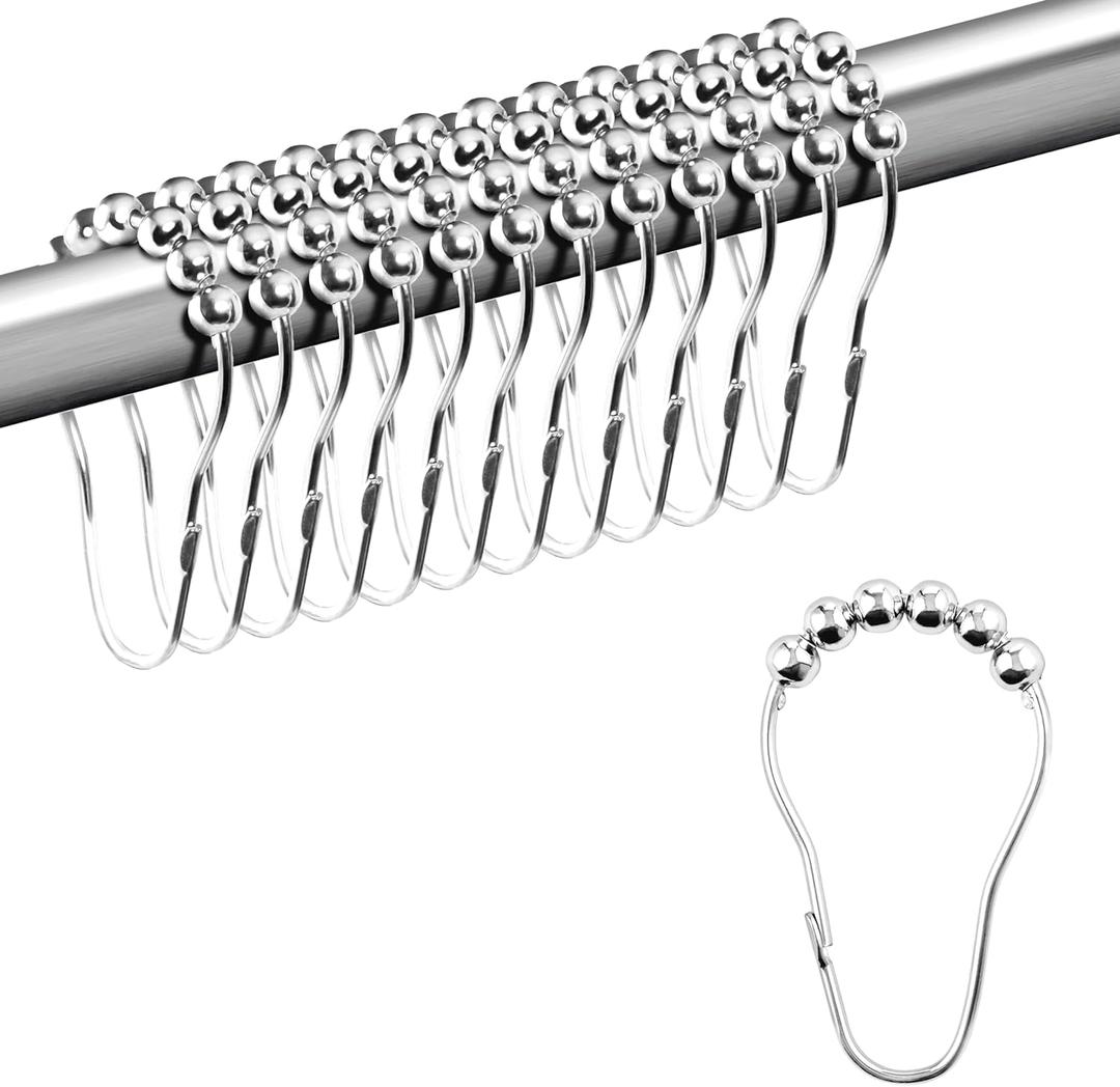 ikloo Shower Curtain Hooks for Bathroom, Decorative Curtain Rings for Shower Rods, Metal Shower Hook for Curtains, Rust Proof Stainless Steel, Shower Curtain Hangers, Set of 12, Chrome