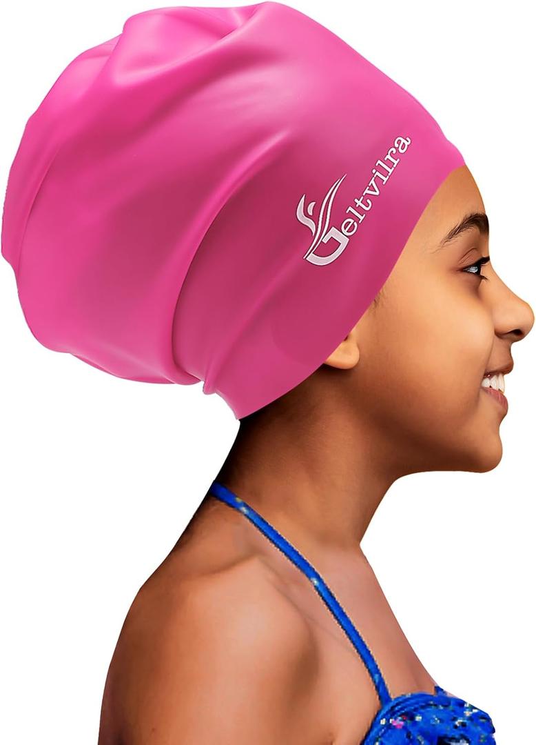 Extra Large Swim Cap for Kids Black Girls Aged 4 to 16 with Long Hair Braids Dreadlocks, Waterproof Silicone Swimming Hat Turban Hair Protection for Boys Toddler Children Youth (fuchsia)