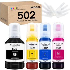 seogol Compatible Epson 502 T502 Refill Ink Bottles Replacement for Ecotank ET-2750 ET-3750 ET-4750 ET-2760 ET-3760 ET-4760 ET-2700 ET-3700 ET-3710 ET-15000 ST-2000 ST-3000 ST-4000-4 Pack