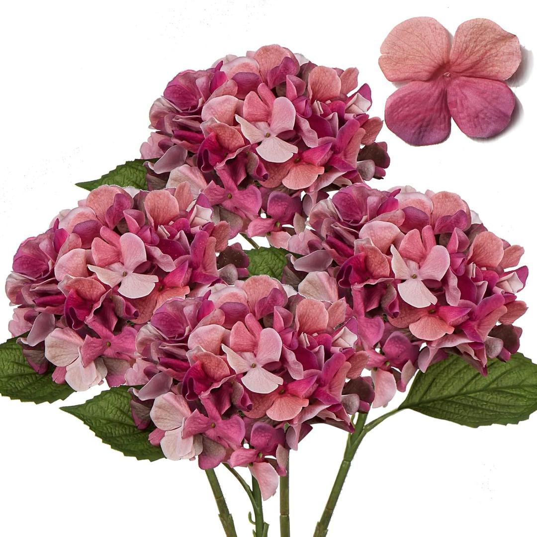 DILATATA 4 Pcs Dried Touch Hydrangeas Artificial Flowers 17" Tall Large Silk Hydrangea Stems Fake Hydrangea Arrangements for Home Office Table Centerpieces-Purple Hydrangea (Bashful Pink)