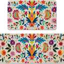 Mexican Floral Kitchen Rugs Set of 2, Colorful Kitchen Mats with Rubber Backing Non Slip Washable, Cinco De Mayo Gift, 17" x 29 + 17" x 47" (White)