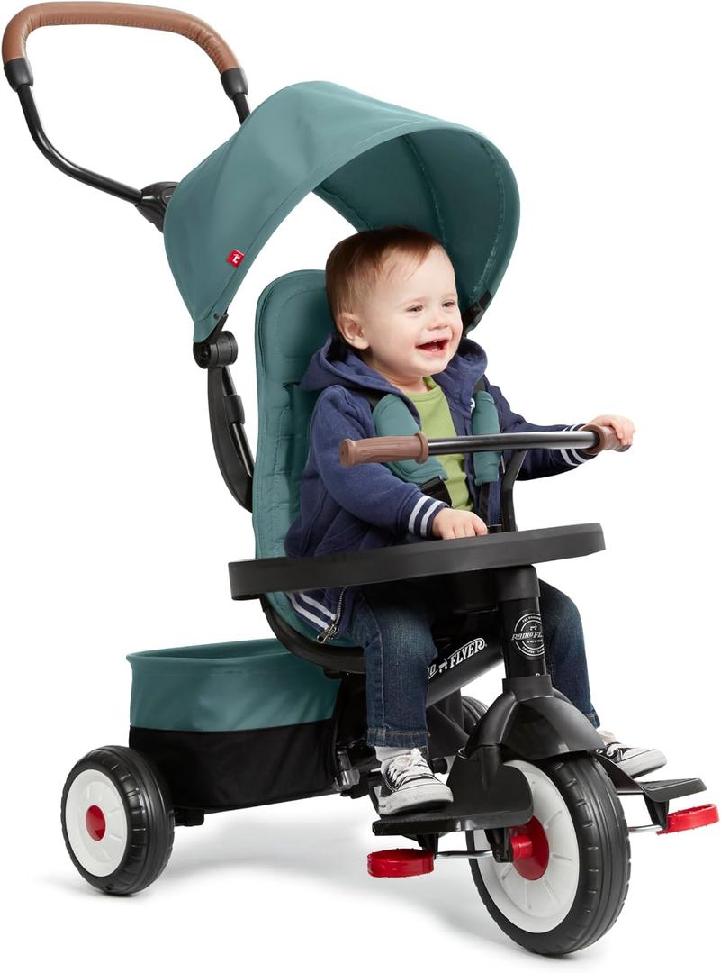 Radio Flyer City 4-in-1 Stroll 'N Trike, for Riders 1-5 Years Old, Teal | Stroller Tricycle for Toddlers, 4 Riding Modes, 3 Point Harness with Comfort Pad, Parent Controlled Steering, Rear Storage