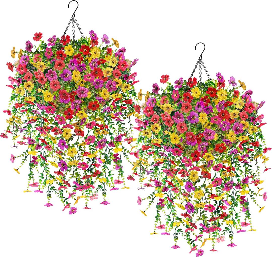 Der Rose 2Pcs Artificial Hanging Flower Basket for Outdoors Fake Hanging Flowers Plants with 4 Faux Silk Trailing Vines for Porch Patio Balcony Spring Decor 