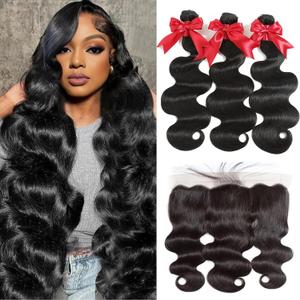 12A Human Hair Bundles with Frontal 16 18 20 with 14 Inch Brazilian Body Wave 3 Bundles Human Hair with 13x4 HD Lace Frontal Closure 100% Unprocessed Virgin Human Hair Weave