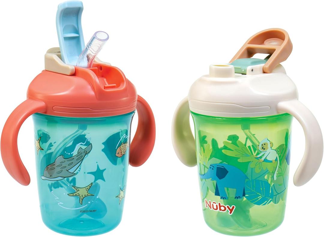 Nuby 2-in-1 Toddler Cup with 360 Weighted Straw & Hard Spout - (2 Pack) 8 oz - Leak-Resistant & Easy Grip Handles - Dishwasher Safe - Jungle/Ocean