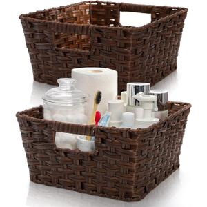 2 Pack Woven Storage Baskets, Large Poly Wicker Organizer Bins for Shelves, Plastic Waterproof Organizing Cube Container, Storage Boxes with Handle for Closet Pantry,12" x 12" x 6"