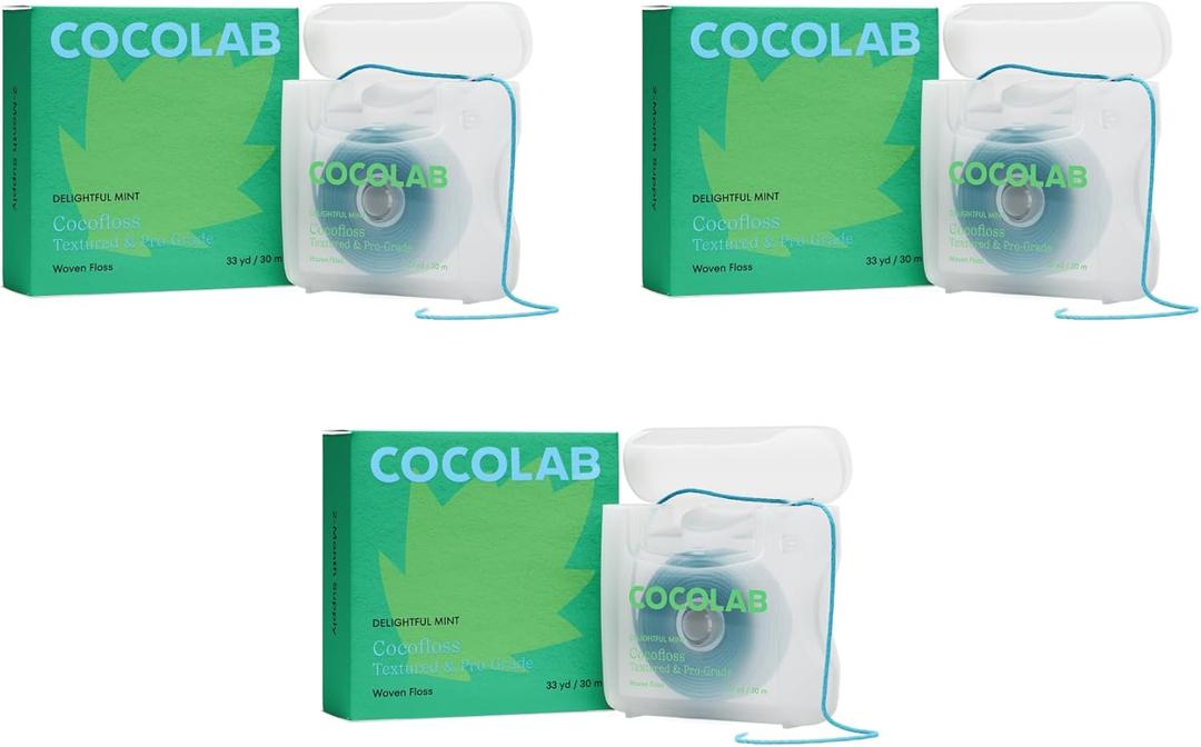 Cocofloss Woven Dental Floss, Dentist-Designed Oral Care, Mint, Waxed, Expanding, Vegan, Kid-Friendly String Floss with Coconut Oil, 3 Spools (33 yd Each) (96 Foot (Pack of 3))