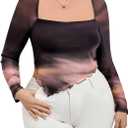 MakeMeChic Women's Plus Size Tie Dye Square Neck Lettuce Trim Asymmetrical Long Sleeve Tee Shirt Tops (Purple, XL)