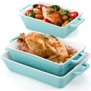 Okllen Set of 3 Casserole Dishes for Oven, Ceramic Baking Dishes with Handles, Rectangular Lasagna Pan Bakeware Set for Baking Cooking, Roasting, Broiling, Gratin, Wedding & Housewarming Gift, Blue