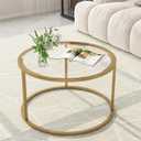 Glass Coffee Table,Round Gold Coffee Table for Small Space,27" Modern Center Table,Glass Top Clear Coffee Table with Sturdy Metal Frame for for Living Room Home Office, Easy Assembly, Round-27.3in