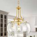 Industrial Round Chandelier Rustic Ceiling Light Fixture Farmhouse Pendant Light with Clear Glass Shade for Dining Room Hallway Entryway Kitchen Bedroom, Gold (1-Light, 57.2 in)