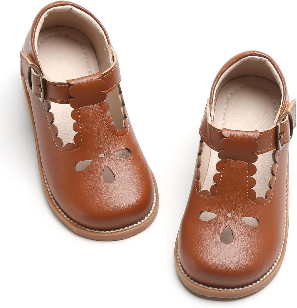 GINFIVE Toddler Girls Dress Shoes Little Kids Flats School Mary Janes Shoes (Gf286 - Brown)