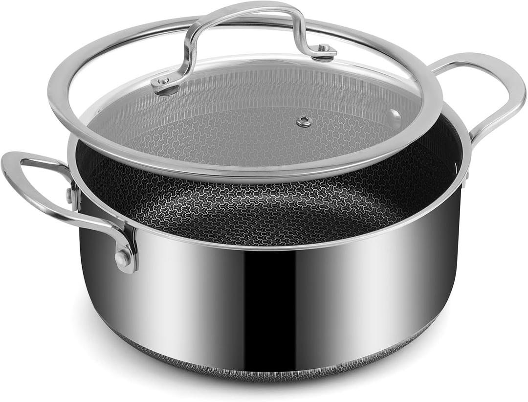 Hybrid Nonstick 5.2 QT Stock Pot with Tempered Glass Lid, Stay-Cool Handles, Dishwasher & Oven-Safe Up to 500°F, Non-toxic PFOA Free Induction Ready, Compatible with All Cooktops