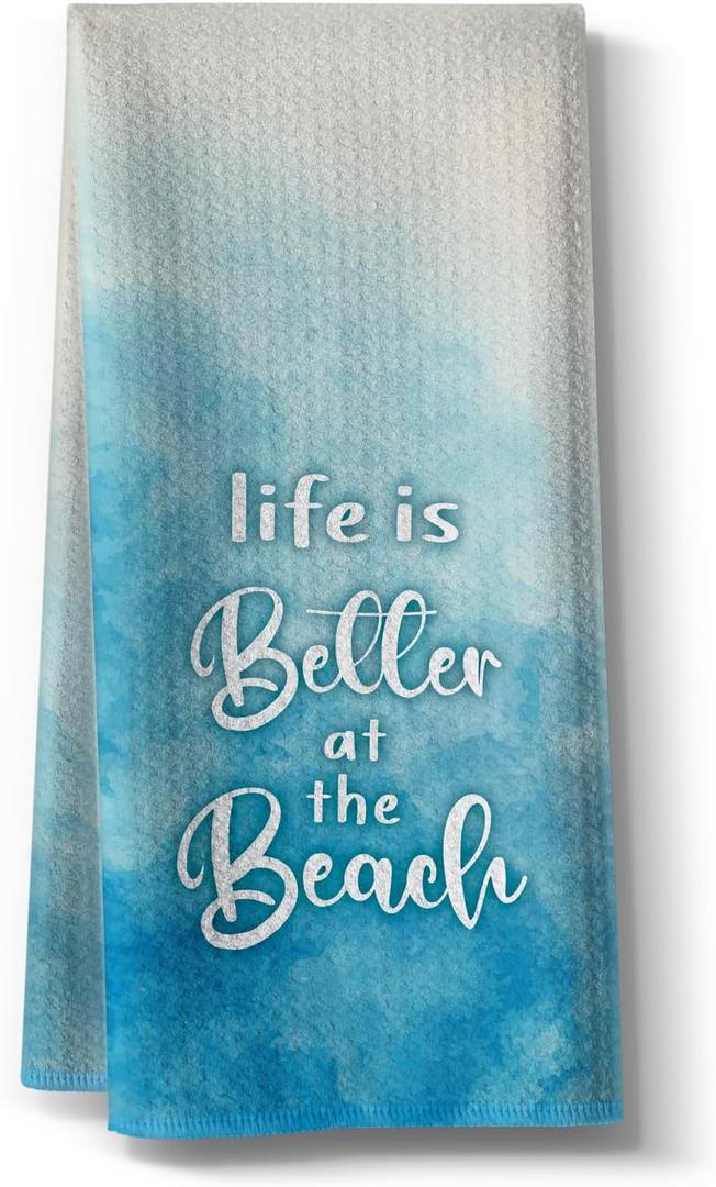 Kitchen Towels for Women- Funny Joked Life is Better at The Beach Saying Microfiber Bar Tea Towel, for Mom Friends Hostess New Home on Birthday Christmas-Blue 16" x 24"