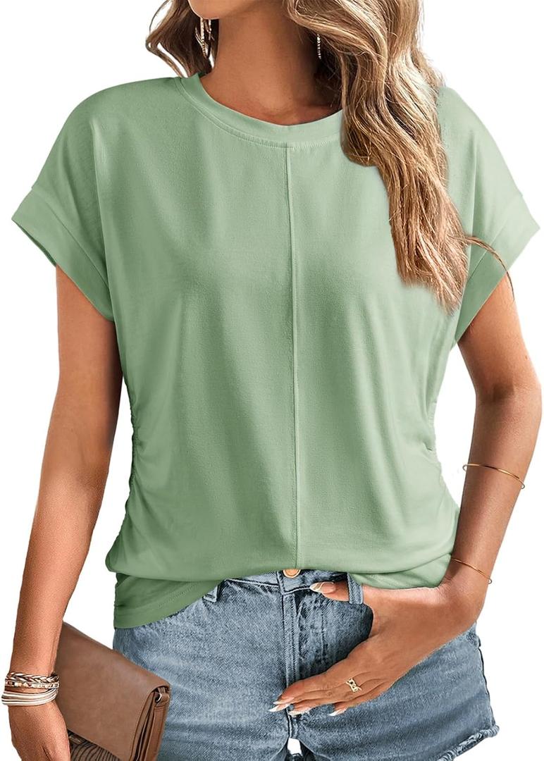 Dokotoo Spring Tops for Women 2025 Cap Sleeve Side Ruched Summer Tops for Women Trendy Women Clothing (L)
