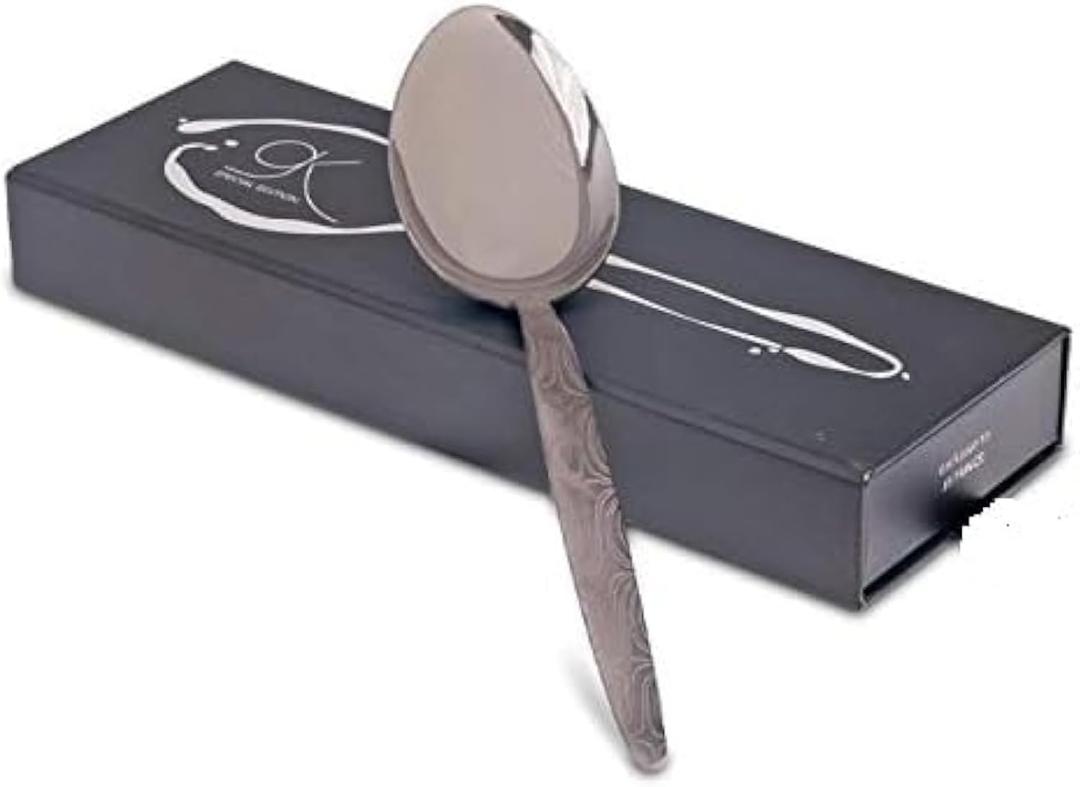Kunz Special Edition Damascus Pattern Spoon | 18/10 Stainless Steel Plating 9 Inch Basting Quenelle Chef Cooking Utensils Dinner Serving Spoon