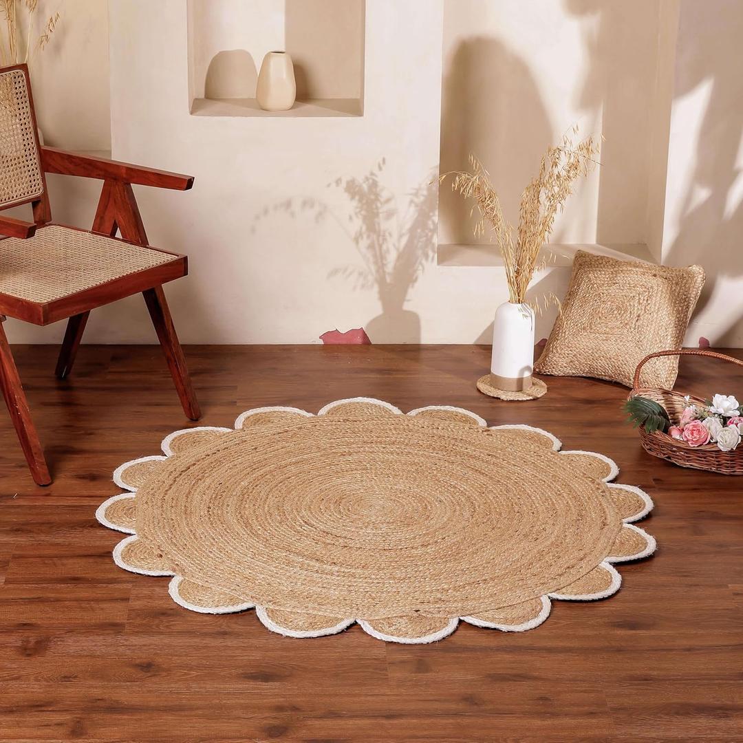 RUGSWEAVE Jute Braided Area Rug - 4'x4' Round Vintage Farmhouse Rug, Handmade Circle Boho Area Rug for Living Room, Bedroom, Natural x White Trim