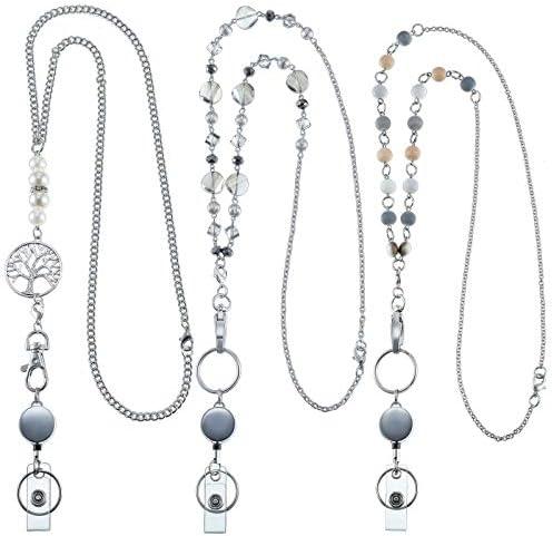 Hicarer 3 Pieces ID Badge Beaded Lanyard Necklace with ID Holder Clip Stainless Steel Beaded Chain Lanyard Necklace for Women Retractable Badge Reel Valentine Present