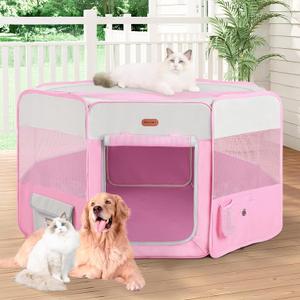Dog Playpen, Portable Pet Play Pen Foldable Carrying Case, Puppy Pens Outsid for Small Cat Indoor/Outdoor, Removable Mesh Shade Cover (Pink)
