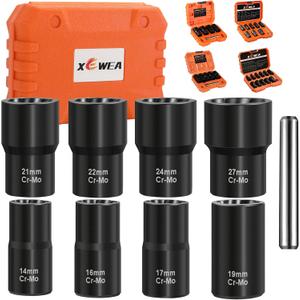XEWEA 9PCS Lug Nut Extractor Set, 1/2" Drive Impact Bolt Remover Socket Tool, Wheel Lock Removal Kit, Easy Out Extractor Set for Damaged, Frozen, Rusted, Rounded-Off Bolts, Father's Day Gift (9pcs 1/2" Drive)