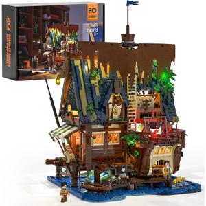 Funwhole Medieval-Pier-Inn Lighting Building Bricks Set - Retro Pirate House LED Light Construction Building Model Set 2143 Pcs for Adults and Teen