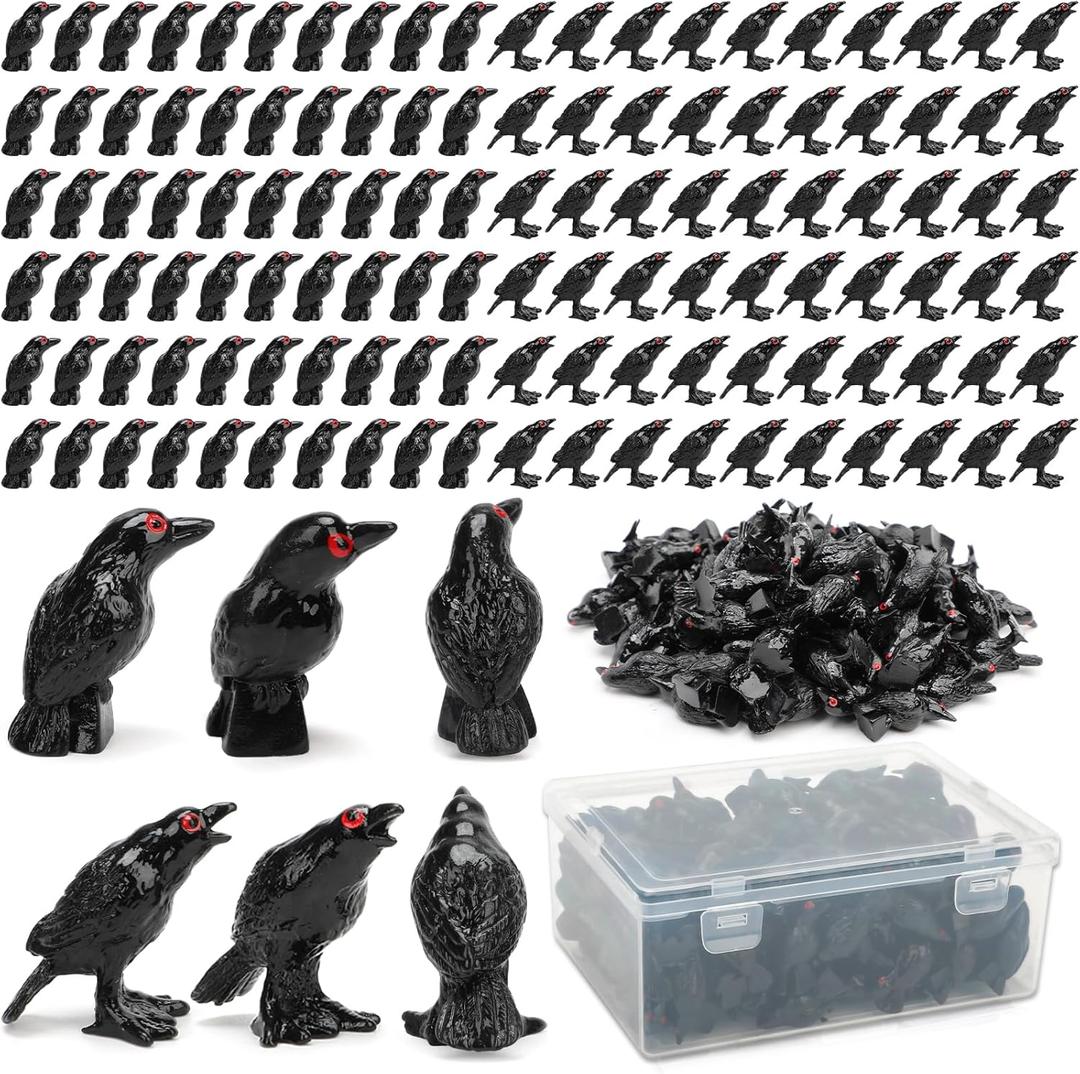 120 PCS Mini Resin Crow Figurines Halloween Decor Black Miniature Crow Gothic Tiny Raven Vase Filler Spooky Bird Ornament DIY Craft Project for Garden Landscape Scene Cupcake Topper Decoration