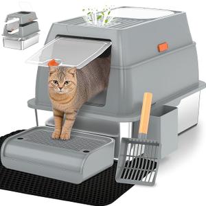 Vivifying Stainless Steel Litter Box with Lid, XL Front Entry Enclosed Extra Large Litter Box for Big Cats & Kitty, Top Exit Metal Cat Pan with Scoop, Mat, Trapping Step, Charcoal Filter (Gray)