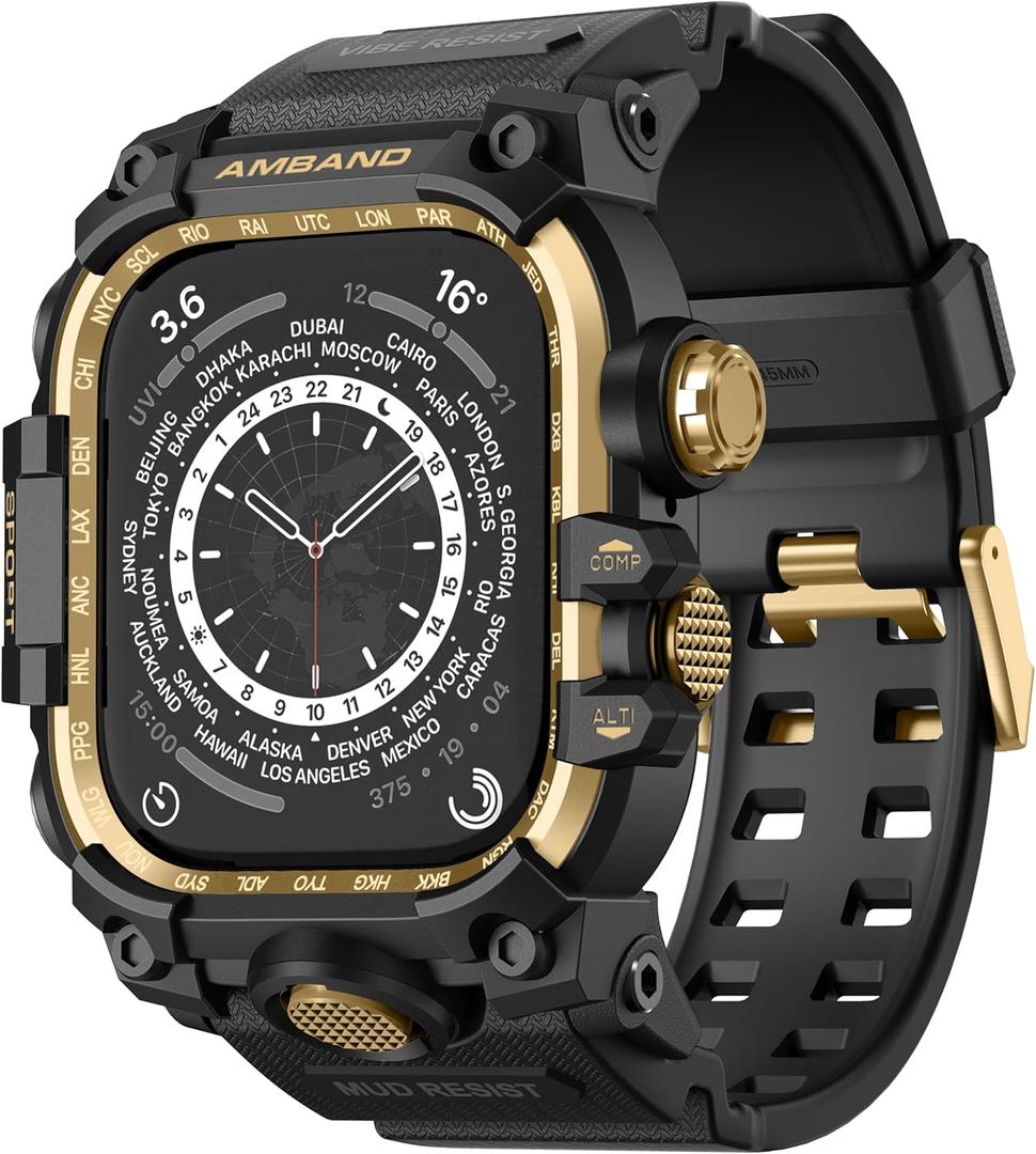 amBand Rugged Case with Band for Apple Watch 45mm, Compatible with Apple Watch (iWatch) Series 9/8/7, Military Grade Shockproof Bumper Cover, Tactical Band for Men, Black Gold