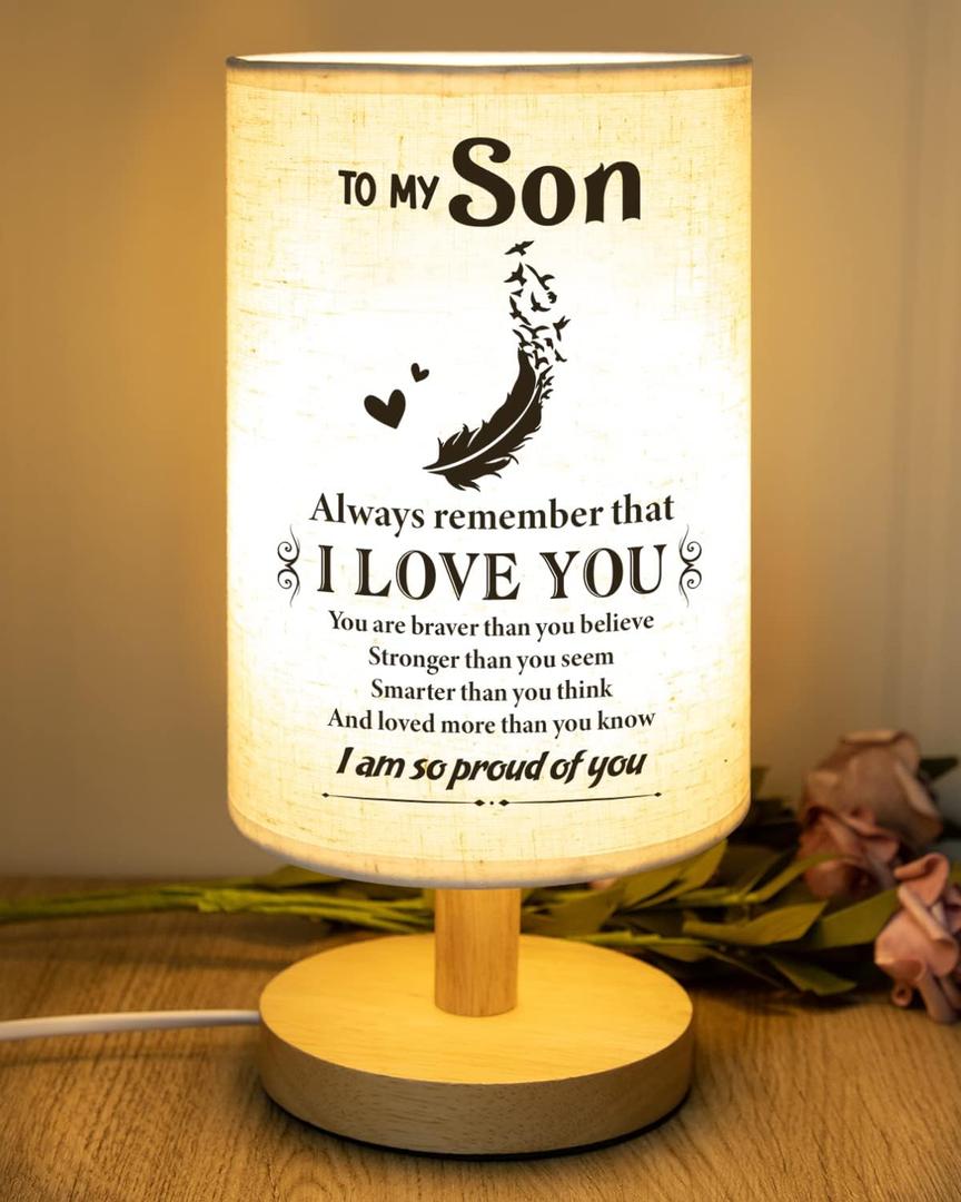 SOUHONEY Gifts for Son for Fathers Day from Mom Dad- Fabric Wooden Desk Lamp for Bedroom Living Room for Son Adult Graduation Season Gifts, Birthday Gifts, Back to School Gifts