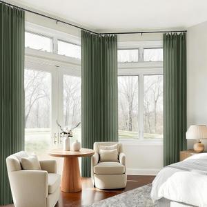105 Inch Olive Green Pleated Ceiling Track Curtains for Living Room Custom Boho Farmhouse Floor Length Sheer Window Curtains Back Tab Light Filtering Pinch Pleat Linen Drape with Hooks Rings