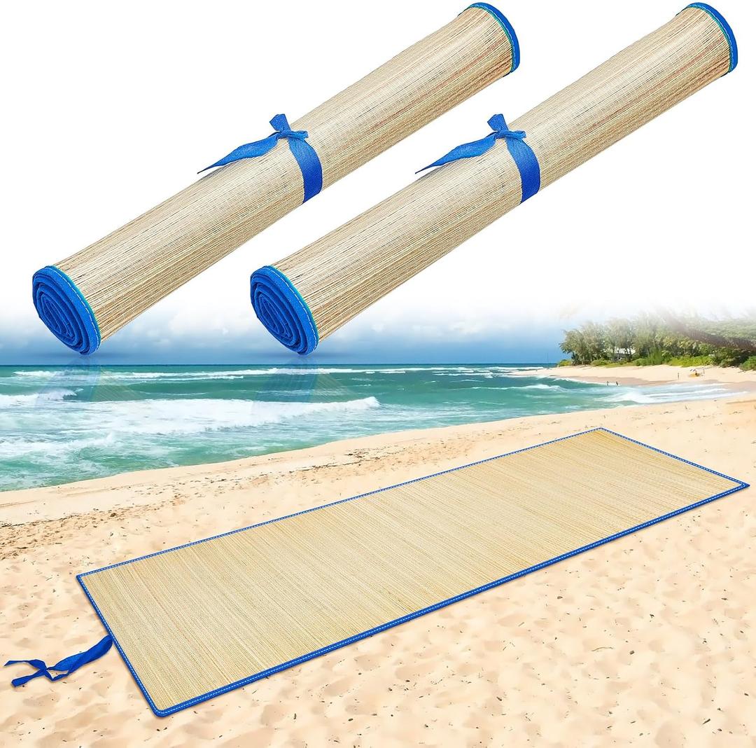 Qunclay Straw Beach Mat with Trim Woven Waterproof Non Slip, Foldable Lightweight, for Sunbathing, Picnic, Camping, Sunbathing, Floor, Yoga,  70 x 24 Inch