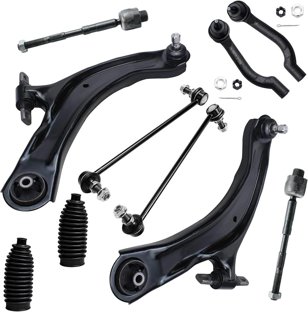 Detroit Axle -Front End 10pc Suspension Kit for 2008-2013 Nissan Rogue 14-15 Rogue Select 2 Front Lower Control Arms Assembly 2 Sway Bars 4 Inner Outer Tie Rods 2009 2010 2011 2012 Replacement 2 Boots