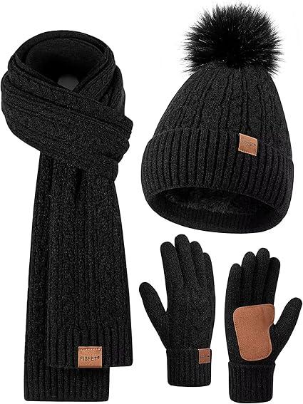 Fisfet Winter Beanie Hat Scarf Gloves Set for Women, Pom Pom Beanie Fleece Lined Knit Neck Warmer Touchscreen Gloves 3 in 1 Gift Set