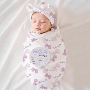 Ylsteed Newborn Receiving Blanket Headband Set Baby Swaddle Floral Wrap Baby Swaddle Blankets for Newborns with Hat Swaddling Wrap 32 x 32 inches Soft and Skin-Friendly (White-purple)