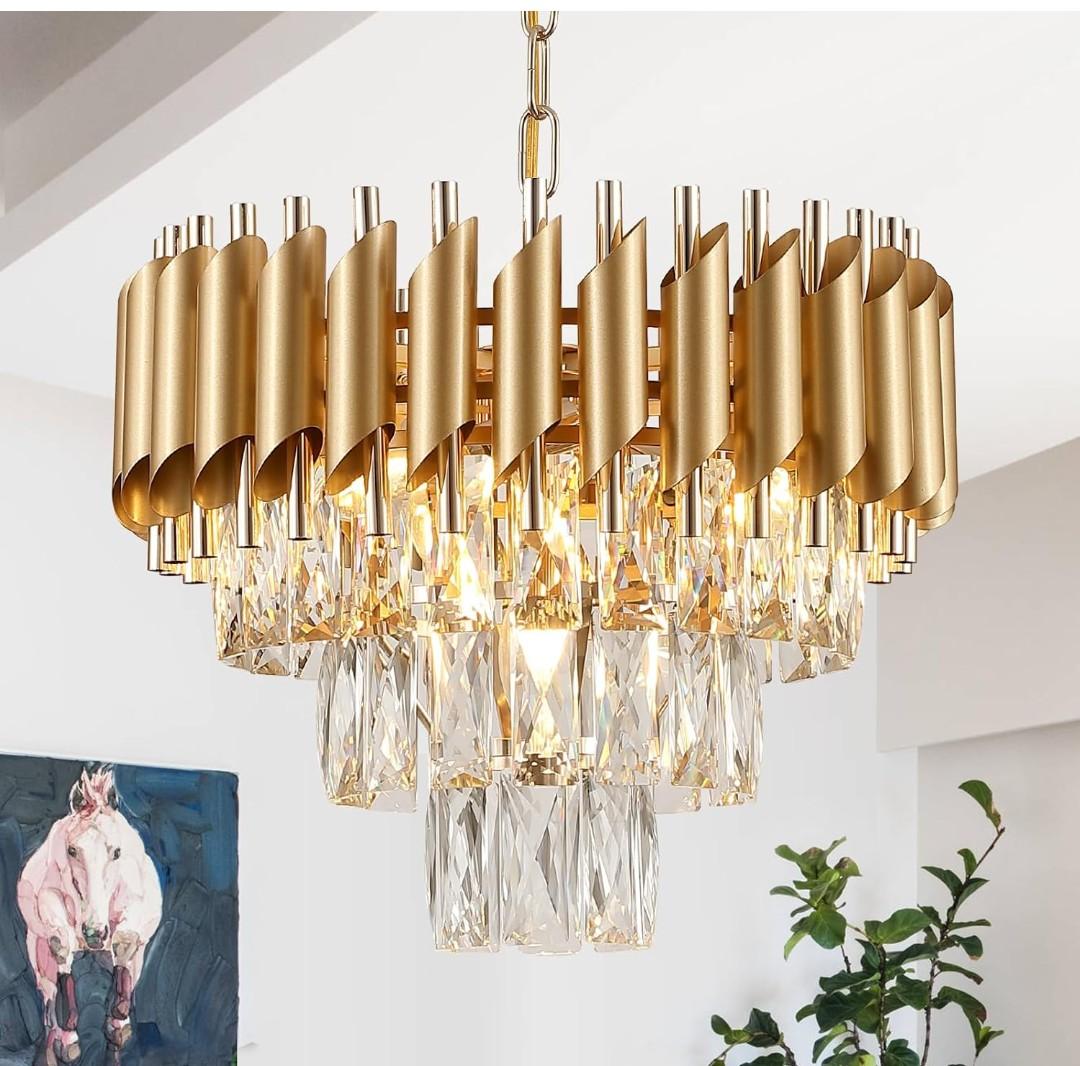 AXILIXI Gold Crystal Chandeliers 16 Modern Ceiling Pendant Light Fixture for Dining Room 3 Tiers Dimmable Round Flush Mount Chandeliers for Living Room Foyer Bedroom Kitchen