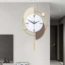 FILLOVE Large Decorative Wall Clock with Pendulum for Living Room, Matte White Half Circle & Gray Striped Scalloped, White Marble Dial, Silent for Living Room, Bedroom, Study, Office