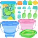 Collapsible Foldable Beach Sand Buckets and Shovels Set - Beach Toys for Kids with Mesh Bag & Sand Molds, Silicone Beach Sand Pails for Travel, Kids and Toddlers