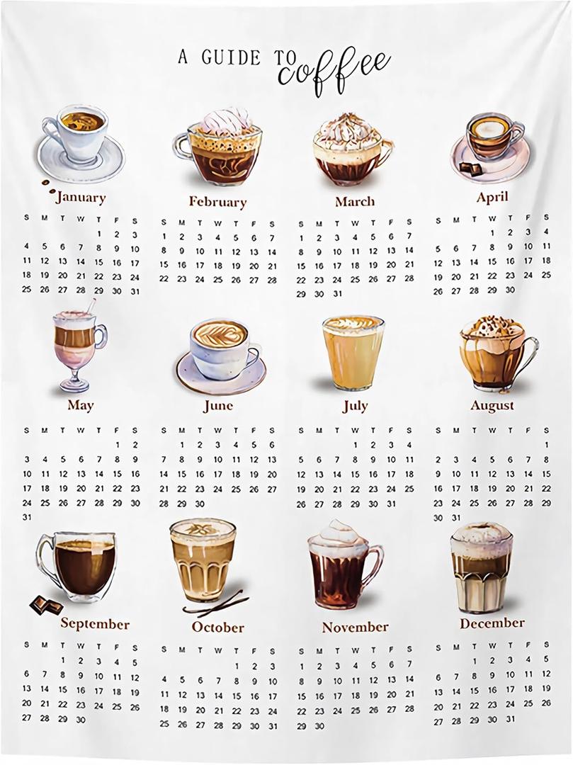 2026 Coffee Calendar Tapestry, 70x100cm Drink Wall Hanging, Modern Home Decor with Hook & 3M Adhesive for Kitchen Office Coffee Bar