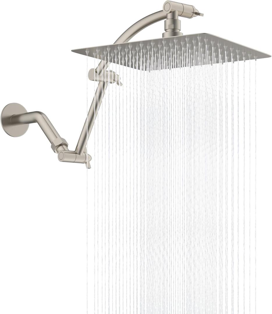 Hibbent All Metal Rain Shower Head, 10'' High Pressure Rainfall Showerhead with 16" Shower Head Extension Arm, Solid Brass Adjustable Shower Arm Extender, Waterfall fixed Showerheads, Brushed Nickel