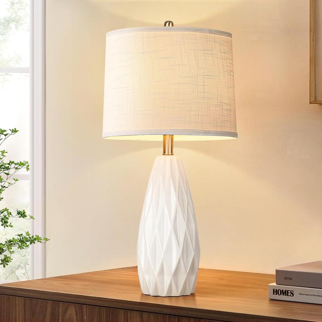 25'' Geometric Lamp White Cream Table Lamps Modern Ceramic Lamp for Night Stand - 3-Way Dimmable Bedside Lamps for Nightstand, Bedroom Lamp for Living Room Desk End Table Office Guest Room