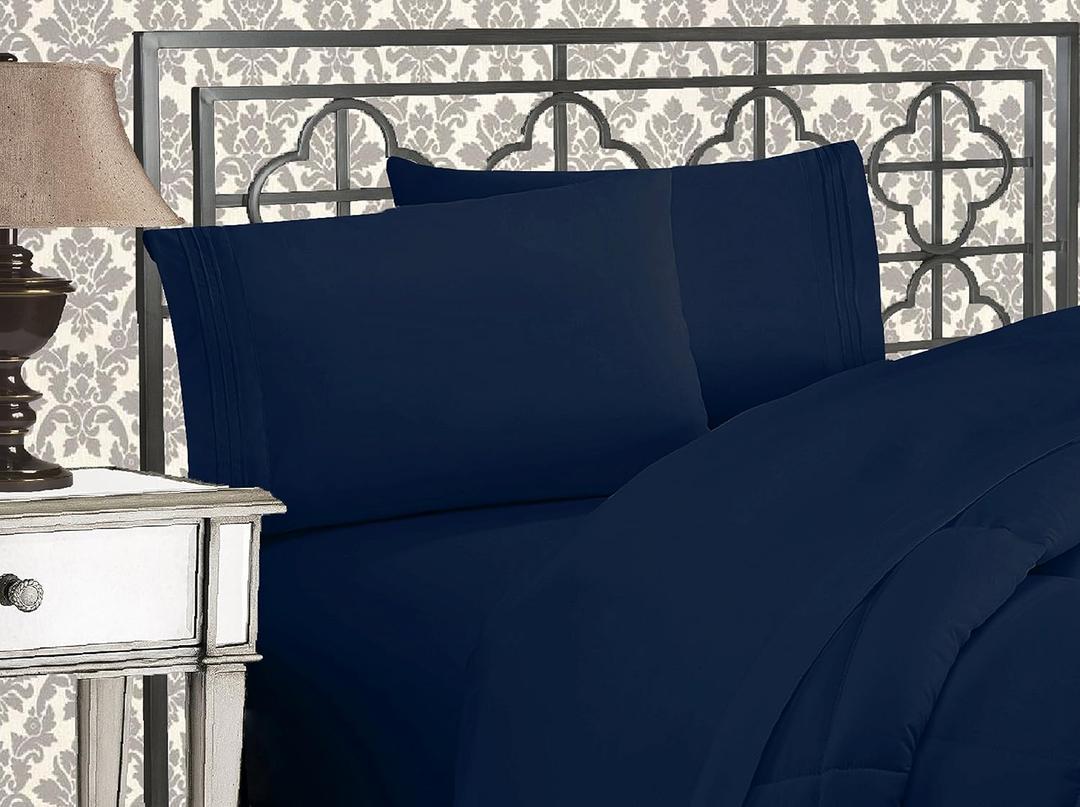 Elegant Comfort Luxurious 1500 Premium Hotel Quality Microfiber Three Line Embroidered Softest 4-Piece Bed Sheet Set, Wrinkle and Fade Resistant, Queen, Navy Blue