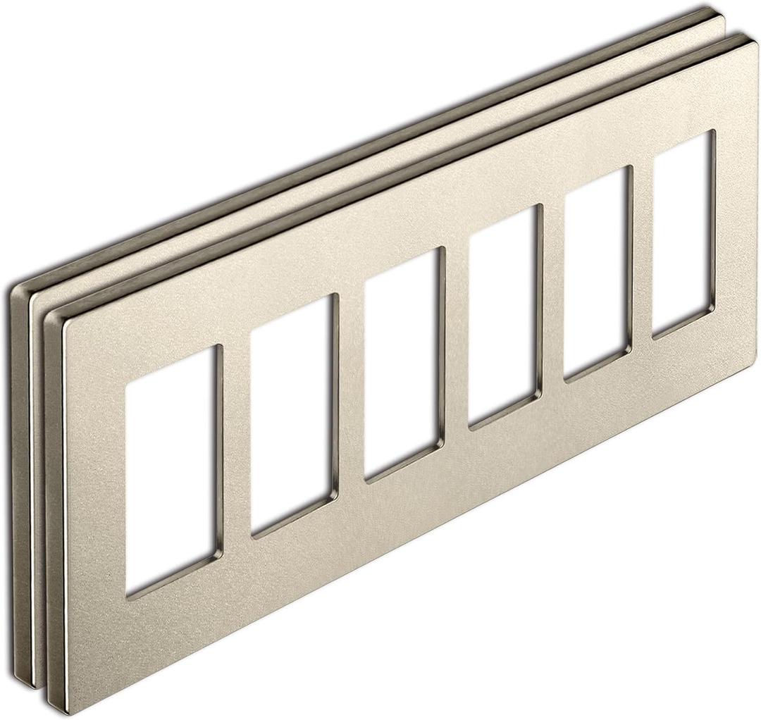 BESTTEN 2 Pack 6 Gang Champagne Gold Screwless Wall Plate, Signature Collection Decorator Outlet Cover Decor Switch Plate, Signature Collection Golden, H4.69 x W11.75