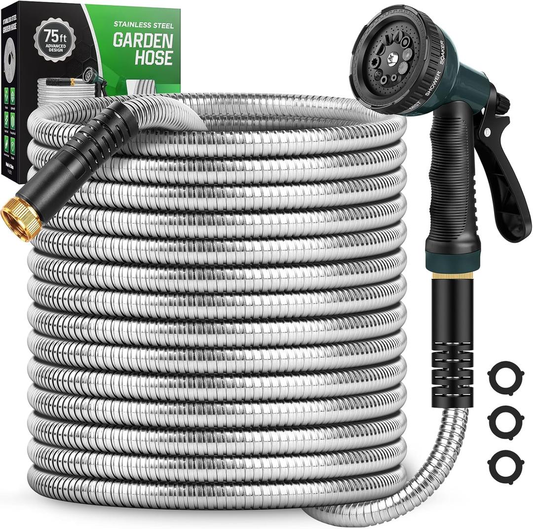 Garden Hose 75 FT with 10-Function Nozzle, Leak-proof Metal Connector Hose, No Knots, Kink-Free, Lighter, Anti-Pets, Wear-Resistant, 3/4 GHT, Water Hose for Garden, Yard, Outdoor