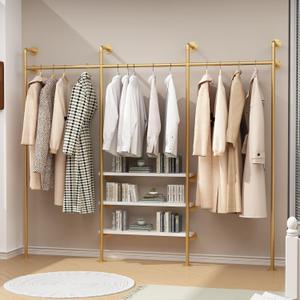HOMEKAYT Industrial Pipe Clothes Rack with Shelves, Gold Clothing Rack Wall Mounted Heavy Duty Multi-Purpose Storage Clothes Hanging Shelf - 94.5''L Gold